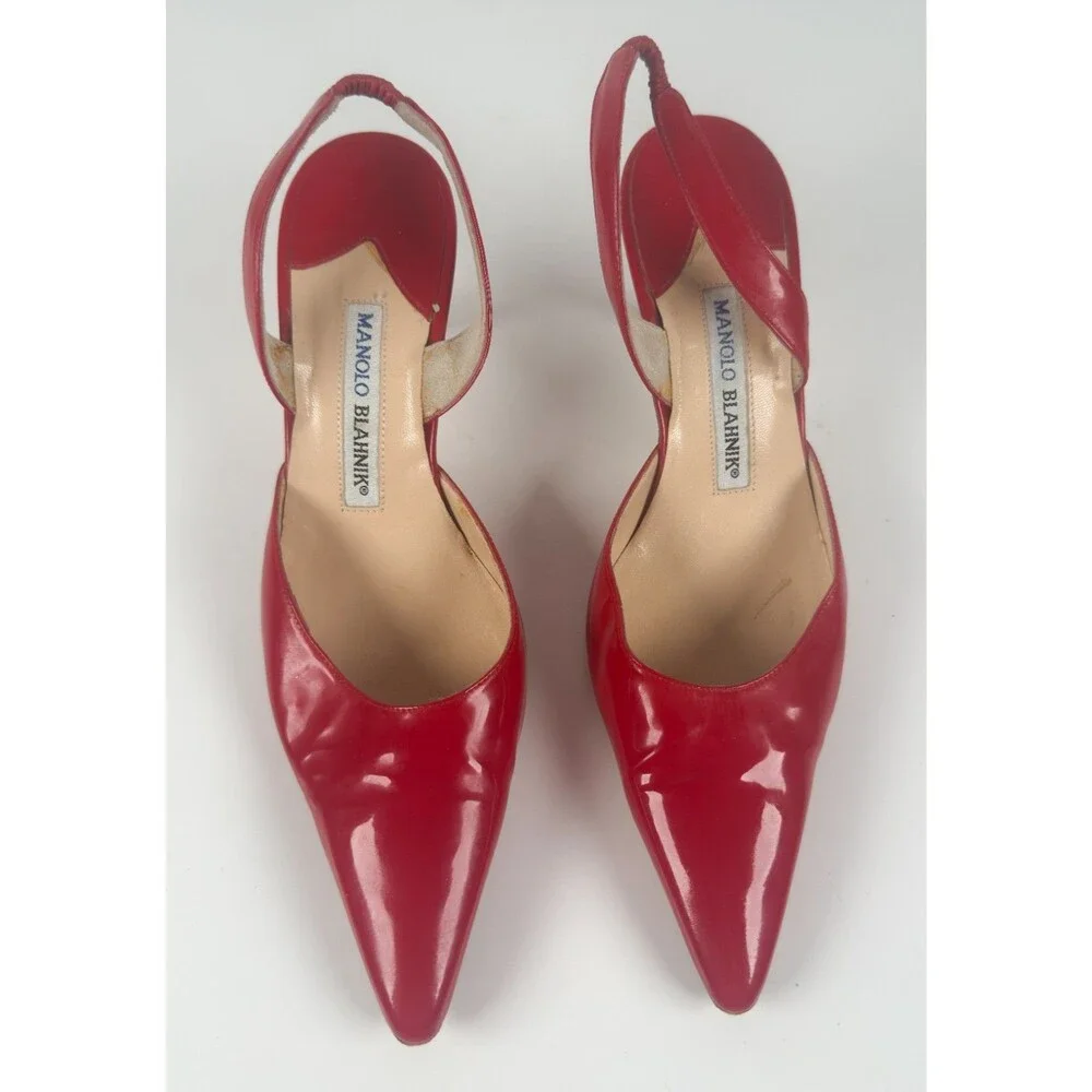 Manolo Blahnik Carolyne Red Patent Leather Slingback Heels EU 37 US 7